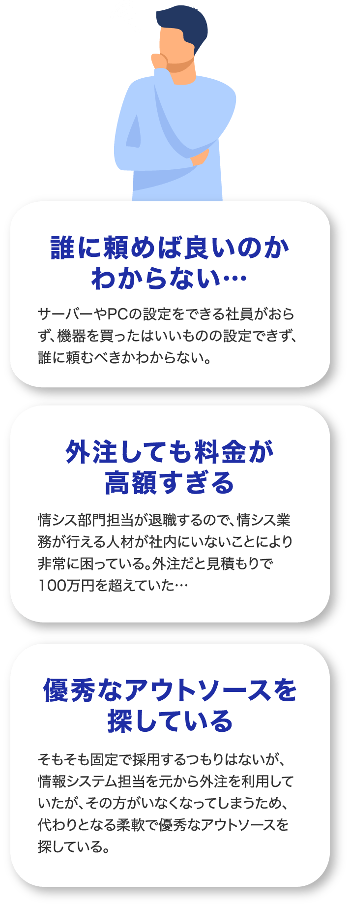 誰に頼めば良いのかわからない… 外注しても料金が高額すぎる 優秀なアウトソースを探している