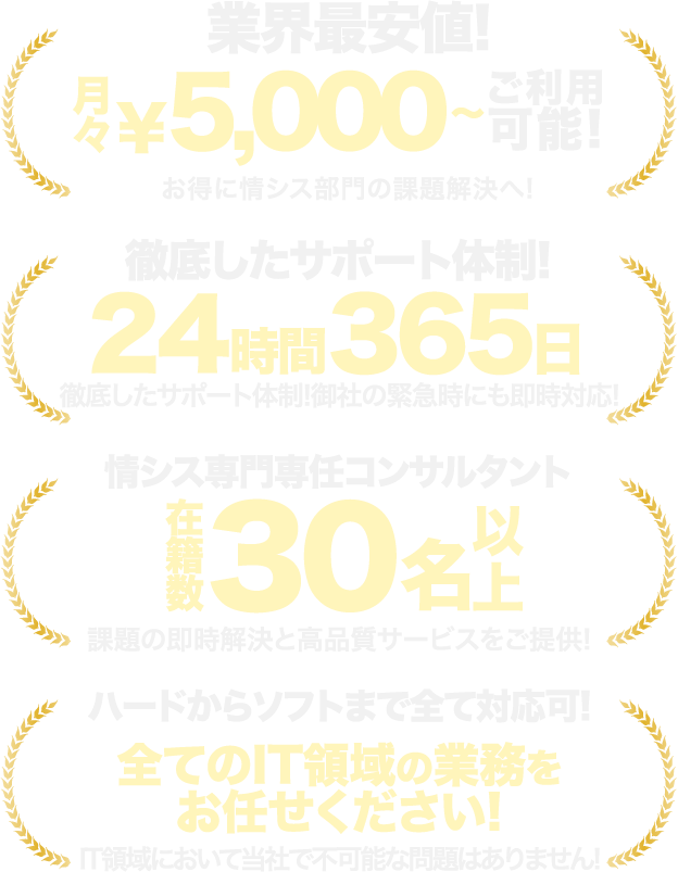 業界最安値! 徹底したサポート体制! 全てのIT領域の業務をお任せください!